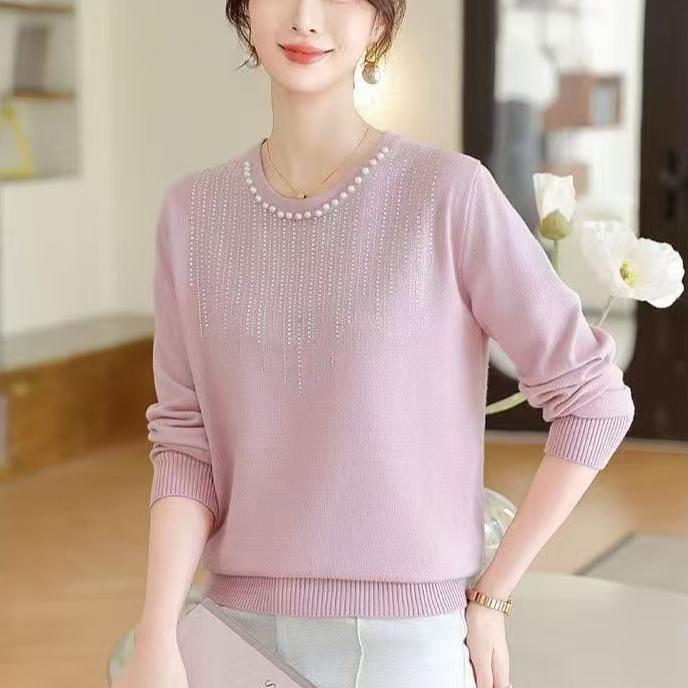 Spring Autumn Women's Round Neck Knit Sweater Loose Beaded Knit Pullover Top