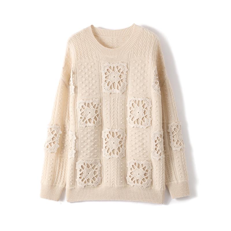 Women's Pure Wool Hollow Out Sweater - Lazy Style Knitwear for Autumn & Winter
