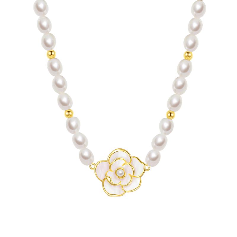 Chow Tai Seng Sterling Silver Camellia Pearl Necklace