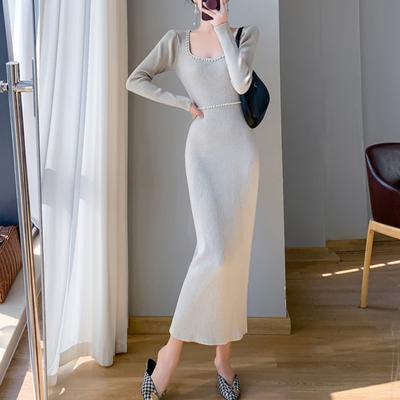Pearl Base Knitted Elegant Long Dress Women's Autumn Winter New Fashion Long Sleeves Slim Clothing French Simple Chic Inner Sweater Dresses