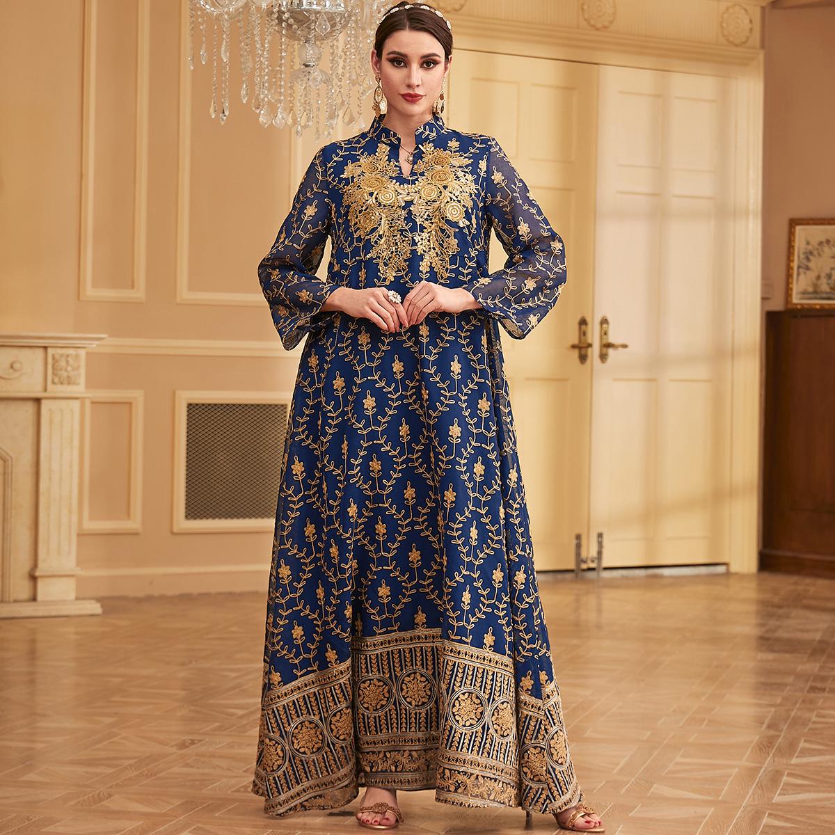 

Вышитое цветочное мусульманское макси-платье с Ближнего Востока Small темно-синий