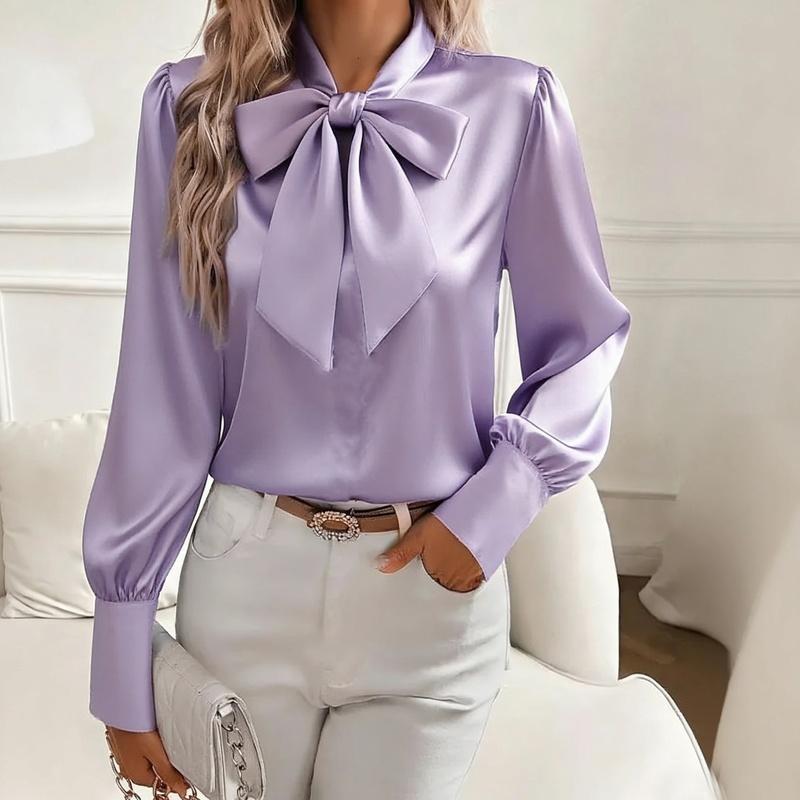 Women's Satin Blouse Long Sleeve Bow Tie Neck Elegant Office Shirt Dressy Top