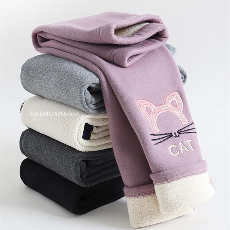 Winter Kids Girls' Leggings Children Plus Velvet Warm Trousers Thick Lamb Fleece Trousers Solid Color Baby Pencil Pants
