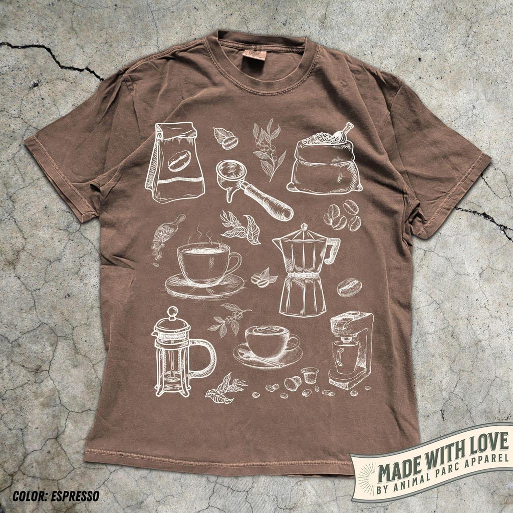 Coffee Vintage T Shirt, Cute Coffee Shirt, Espresso Moka Pot French Press Coffee Beans, Gift Coffee Lover, Vintage Retro Graphic Tee