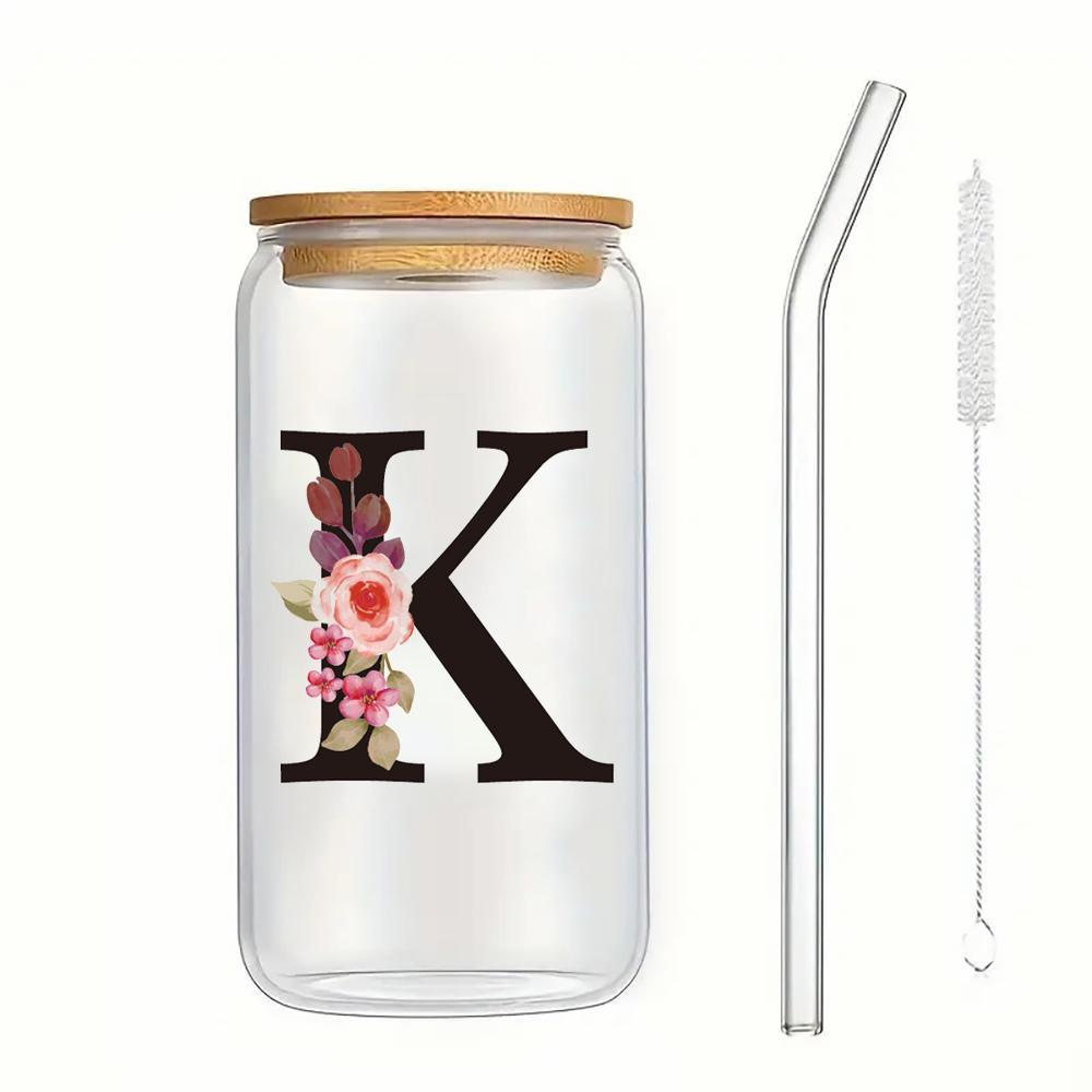 500ml Buchstaben Blume A-Z Kaffeetassen Büro Zuhause 16OZ Glastasse mit Bambusdeckeln & Strohhalm Geburtstags- Valentinstagsgeschenke Tasse Frauen