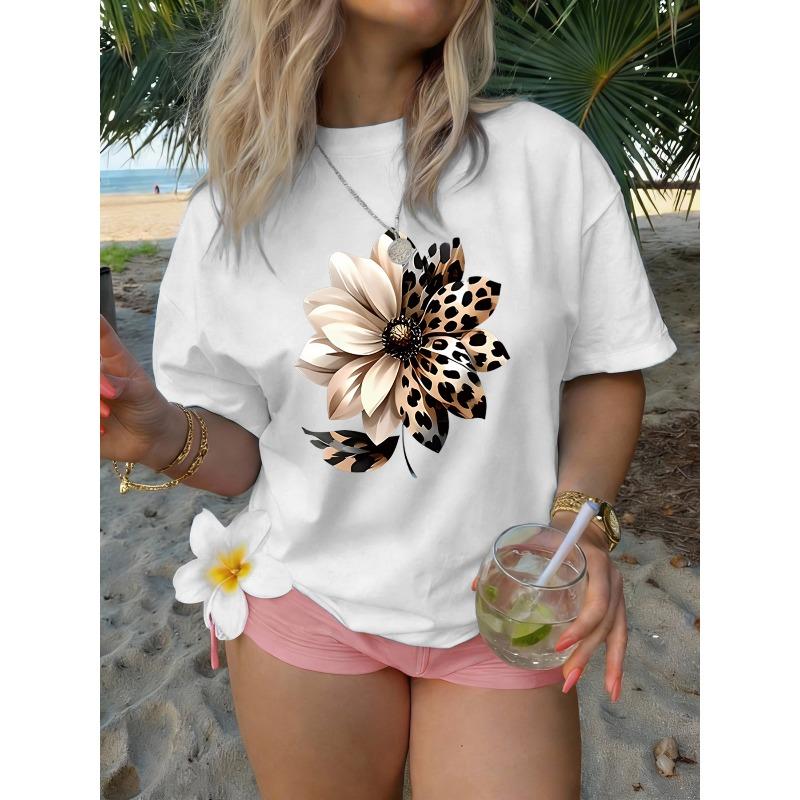 Women's Summer Leopard Floral Letter Print T-Shirt Casual Round Neck Short Sleeve Daily Travel Top