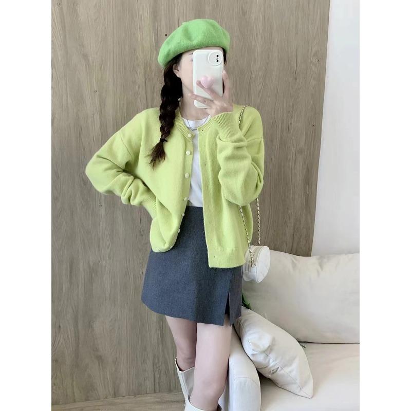 New candy color loose round neck long-sleeved knitted cardigan women's age-reducing small fresh single-breasted sweater jacket