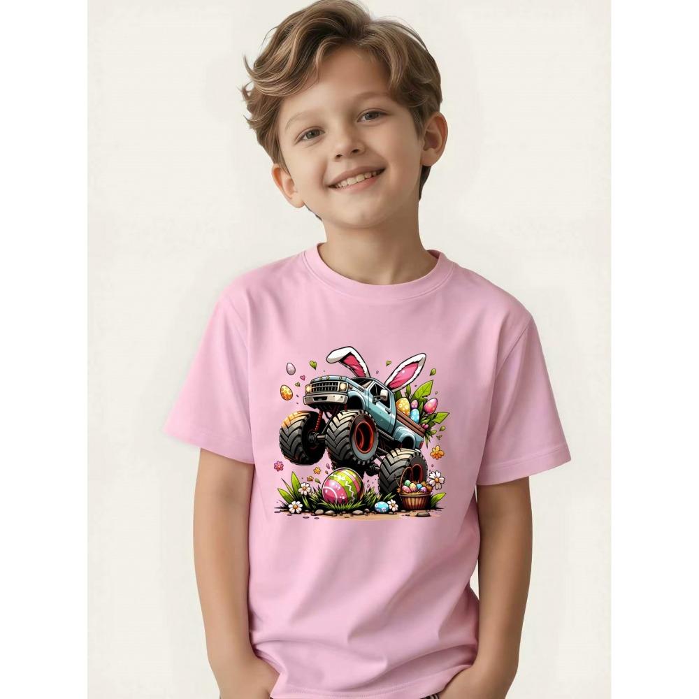 Children's T-shirt Bunny Ears Big Wheel Easter Egg Flower Print Boys Festival Short Sleeve
