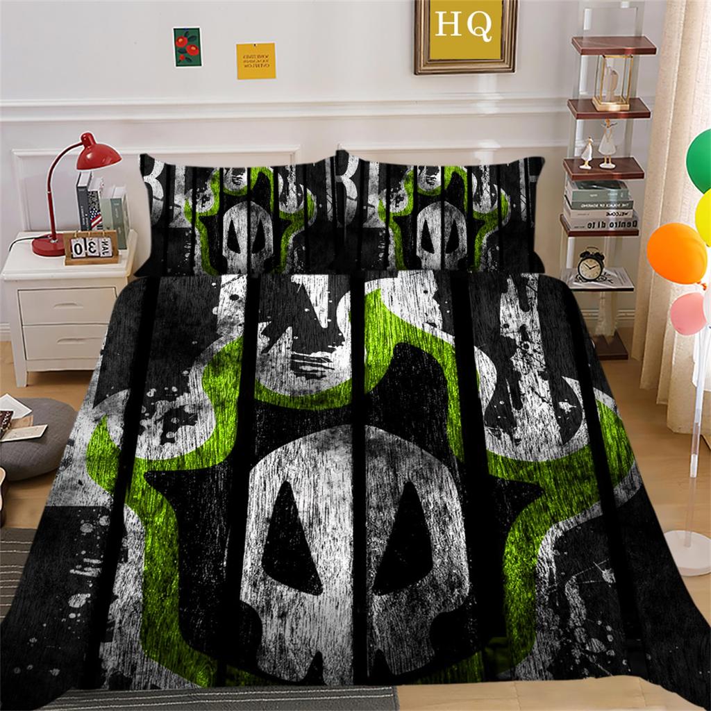 3D Horror Patterned Printed Bedding Set with Skull Head Pattern Down Duvet and Pillowcase 2/3 Pieces Halloween Festive Atmosphere Home Decoration