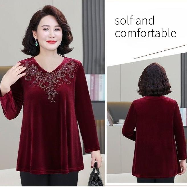 Spring Autumn Women's Plus Size Velvet Blouse Loose Embroidered Long Sleeve Pullover Blouse