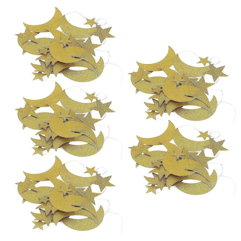 5 Pcs Star Moon Banners Gold Shining Exquisite Eid Mubarak Hanging Banners for Ramadan Background Decoration