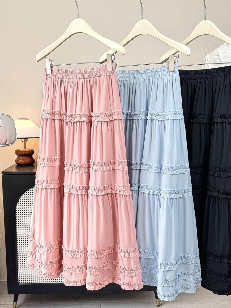 Women's Romantic French Ruffle Hem Layered Midi Skirt - Spring/Summer 2026 Collection, Princess White  
