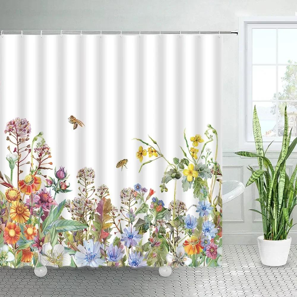 Butterfly Sunflower Shower Curtains Natural Yellow Flowers White Background Decor Simple Fabric Home Decor Bathroom Curtain Sets