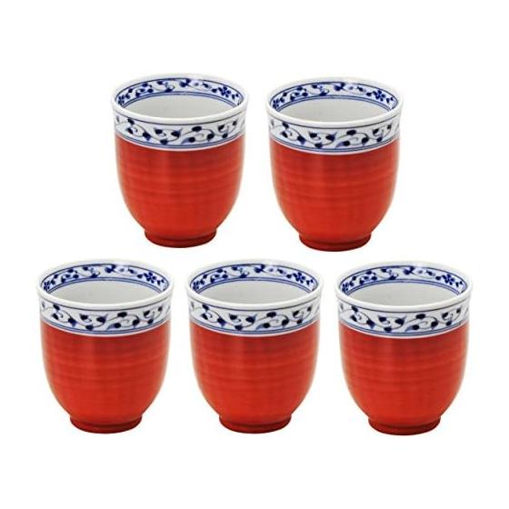 Mino ware teacup set of 5, vermilion arabesque, approx. diameter 7.5 x height 8cm, capacity approx. 200ml, tableware set, ceramic, microwave and