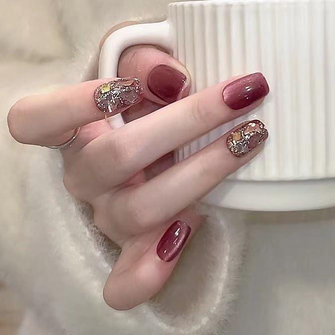 Nail Tips, Short False Nails, Stylish, Cat Eye Stone, Short Nail Tips, 24 Pieces, Glossy, Glitter, Japanese Style, Cute, False Nails, Popular Nail