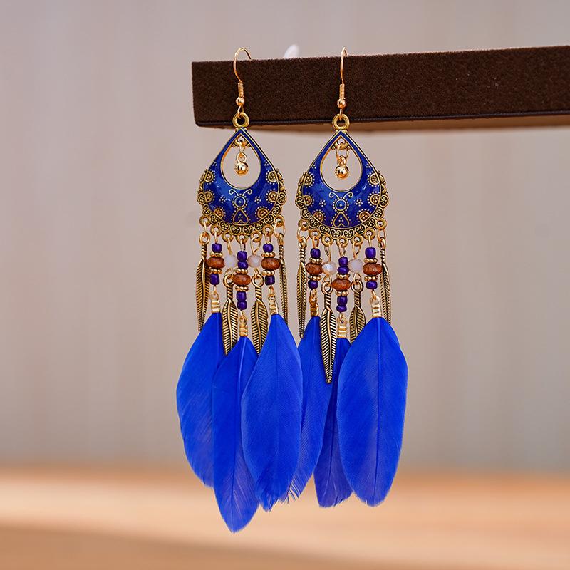 Bohemian Long Feather Drop Dangle Earrings For Women Beaded Handmade Carved Heart Enameled Earrings Boho Vintage Indian Zircon