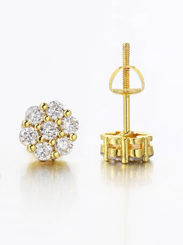 Ribbed Copper Zircon Flower Stud Earrings with Full Diamonds - High-End Hip Hop Style for Women