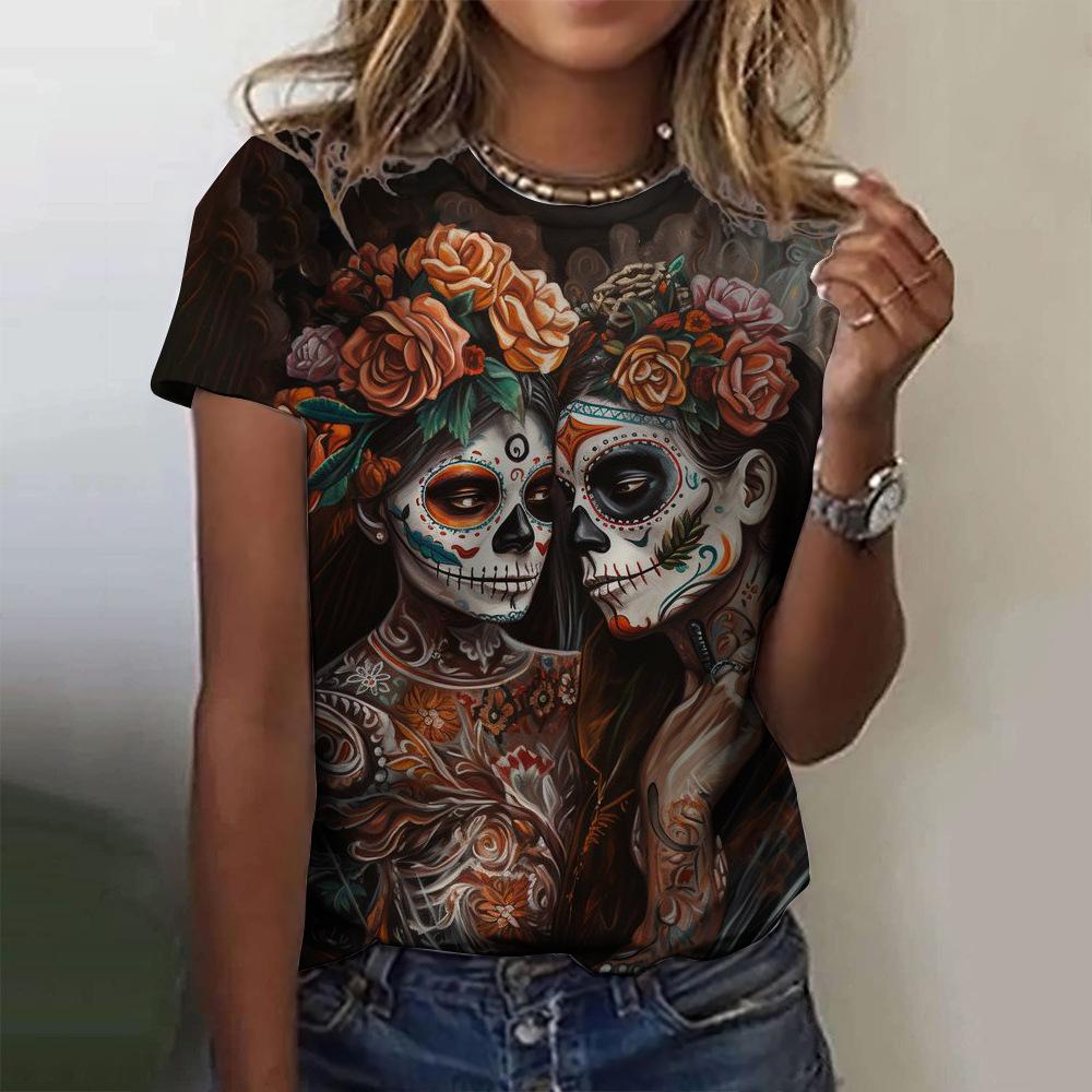 Summer Round Neck 3D Skull Print Top Fashionable Casual Short Sleeved Women's T-shirts