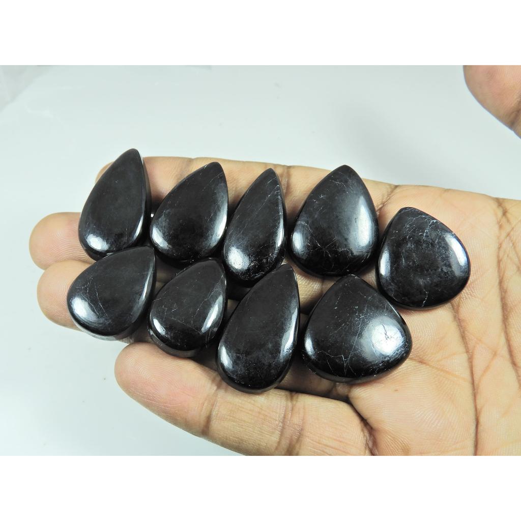 280Cts.Natural Black Tourmaline Pear Shape Cabochon Loose Gemstone 09Pcs Lot C-2909