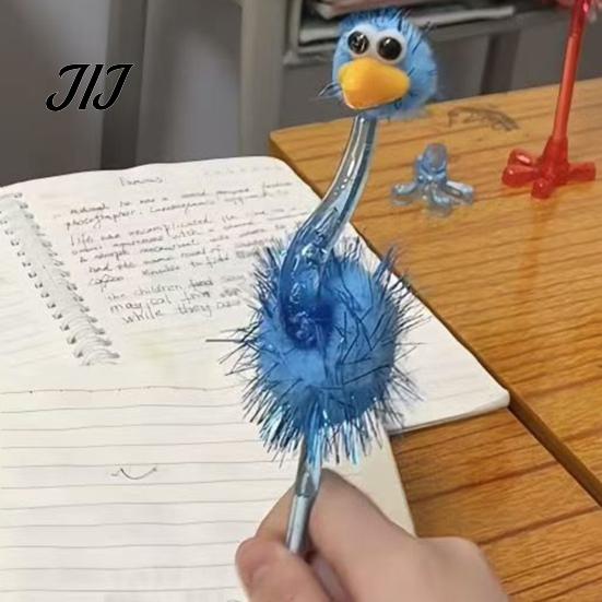 Cute Desk Decoration Pens Cartoon Ostrich Plastic Ballpoint Pens, Funny Freestanding Pen, 0.5mm Pen Tip, Plush Fluffy Ball Furry Writing for Students