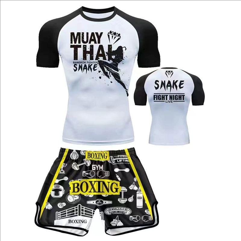 Mens Short Sleeve Combat Training Set Boxing Muay Thai Sanda MMA Gym Workout Sportswear