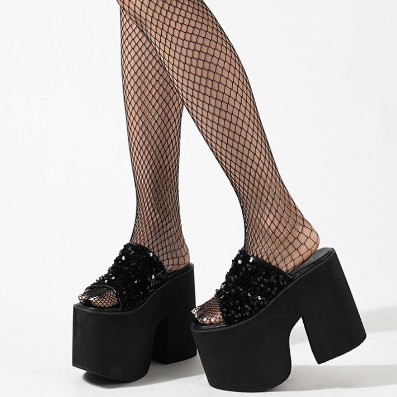 Fashion 13 Cm Super High Heel Black Bling Thick Slippers Women Fashion Non-slip Platform Sandals Summer Comfort Large Size Beach Sandals