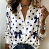 Women Satin Long Sleeve Shirt Polka Dot Bow Print Blouse Lapel Single Breasted Loose Office Tops