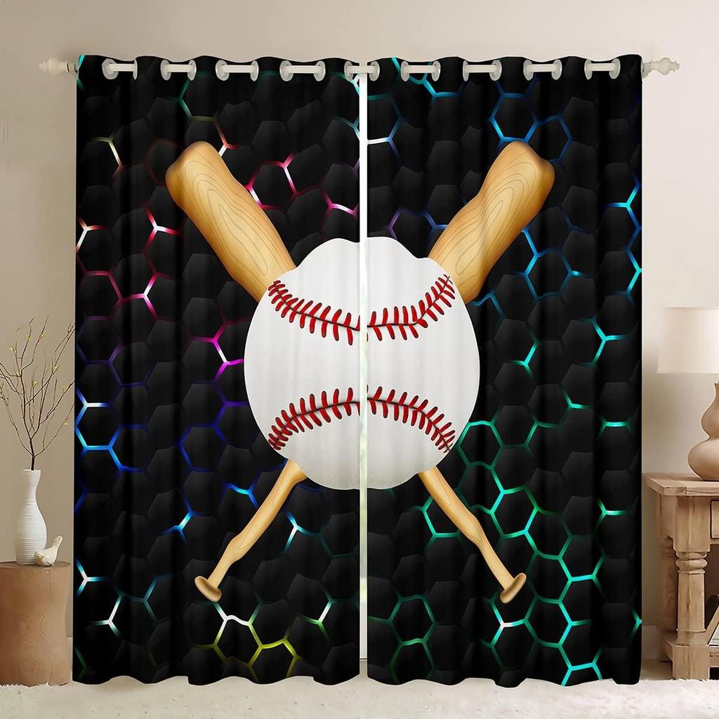 Honeycomb Hexagonal Fluorescent Print Curtains Football Baseball Basketball Curtains for Sports Boys Bedroom Blinds Window 2PCS