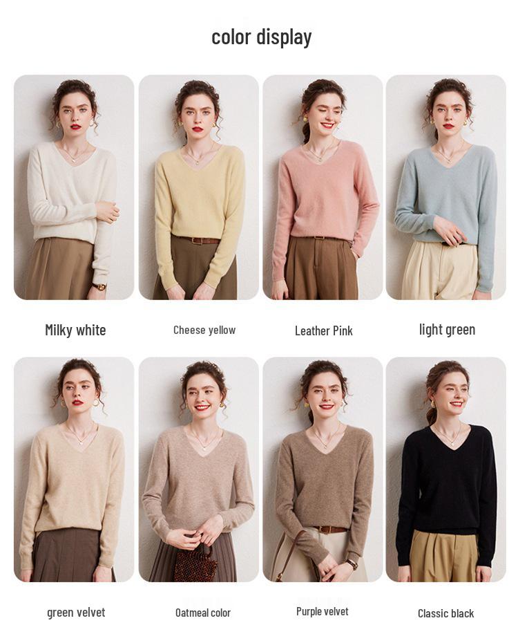 Women's 100% Pure Cashmere V-neck Sweater, Autumn Winter Long Sleeve Knit Pullover Top
