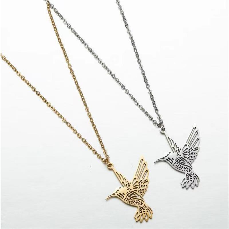 Fashion Simple Hollow Hummingbird Pendant Stainless Steel Sweater Necklace For Women