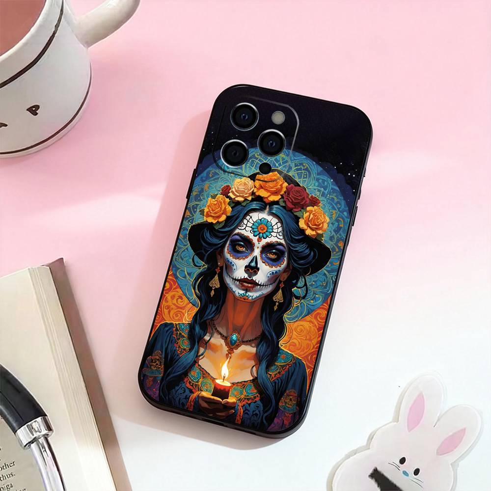 Mexican Catrina Skull  Phone Case For iPhone 17,16,15,14,13,12,11 Plus,Pro Max,Soft Silicone Black Cover