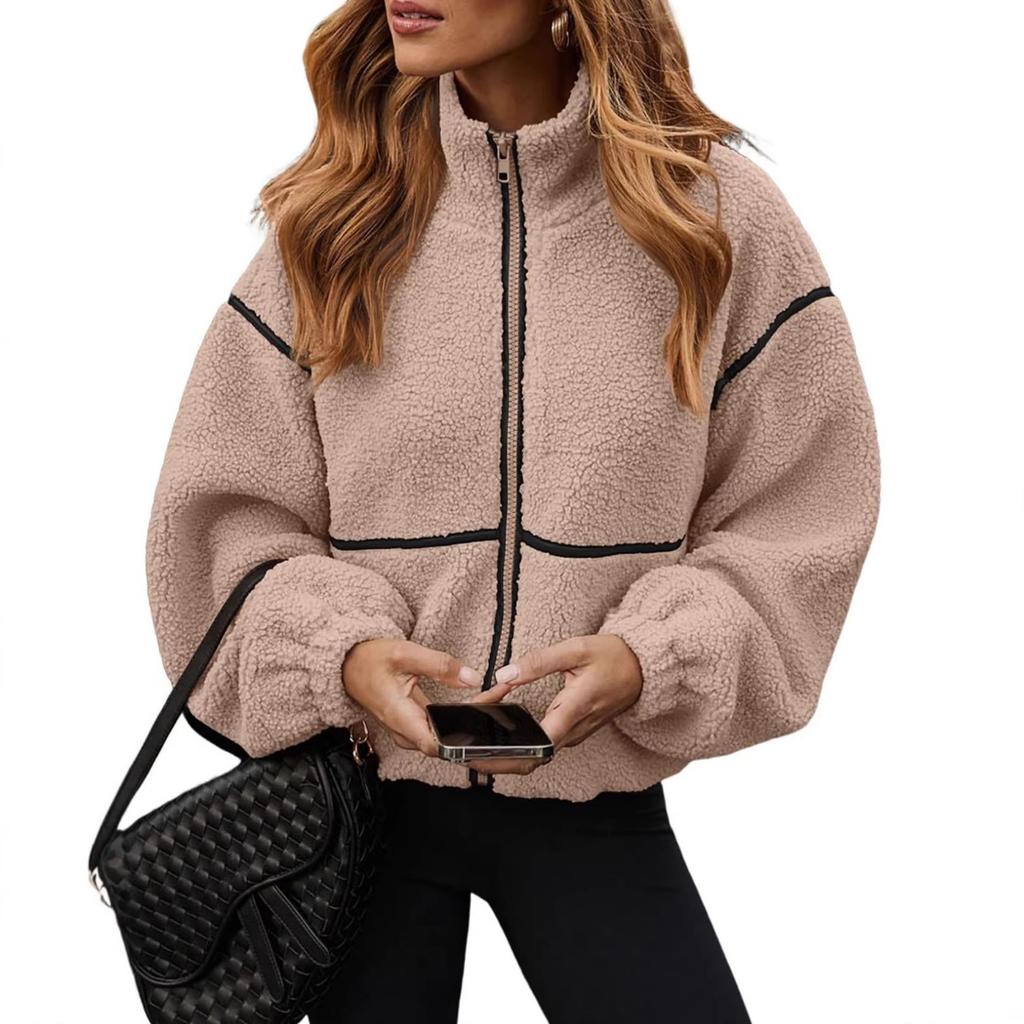 Cappotto Caldo e Morbido da Donna Autunno Inverno Color Block in Lana d'Agnello con Zip, Capospalla Transfrontaliero Stile Europeo Americano