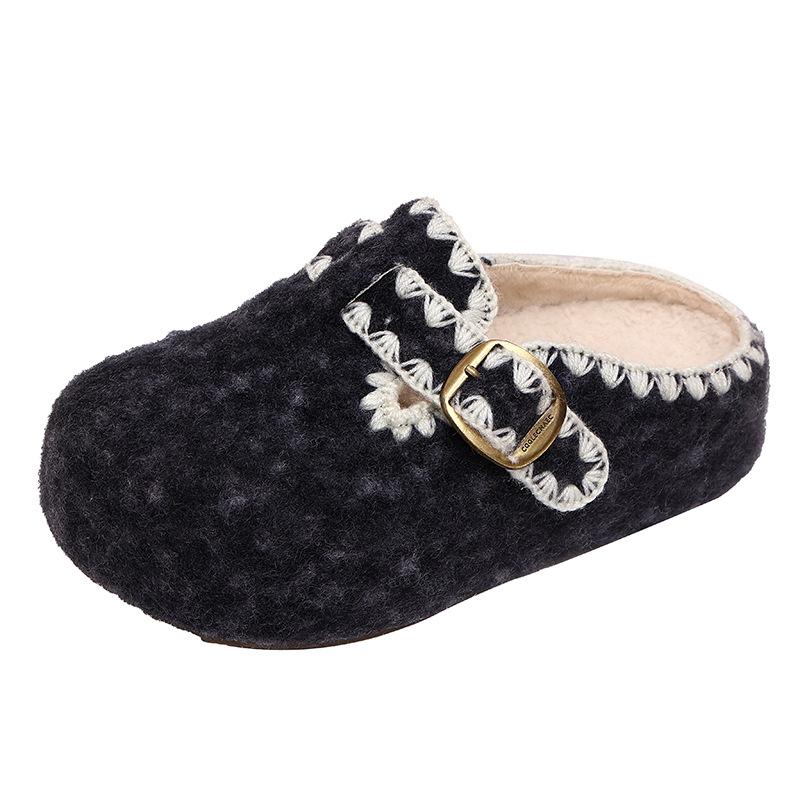 Mori Retro Woolen Baotou Half-towed Boken Shoes for Women Lazy People with One Pedal, Plush Warm Fluffy Slippers for Women Outside