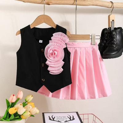 4-8Y Children's Clothing Girls Summer Set Floral Sleeveless Top + Pink Pleated Skirt Cute Skirt Set