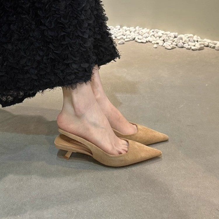 French niche high heels, thin heels, bag head sandals, women's new spring temperament, pointed back empty temperament single shoes