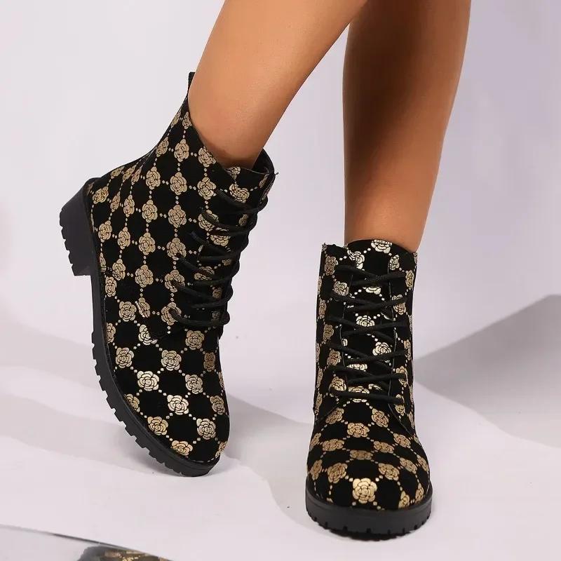 Mode Automne Nouvelles Bottines Chunky Femmes Mode Tête Ronde Lacets Avant Imprimées Semelle Souple Antidérapantes Confortables Chaussures Simples