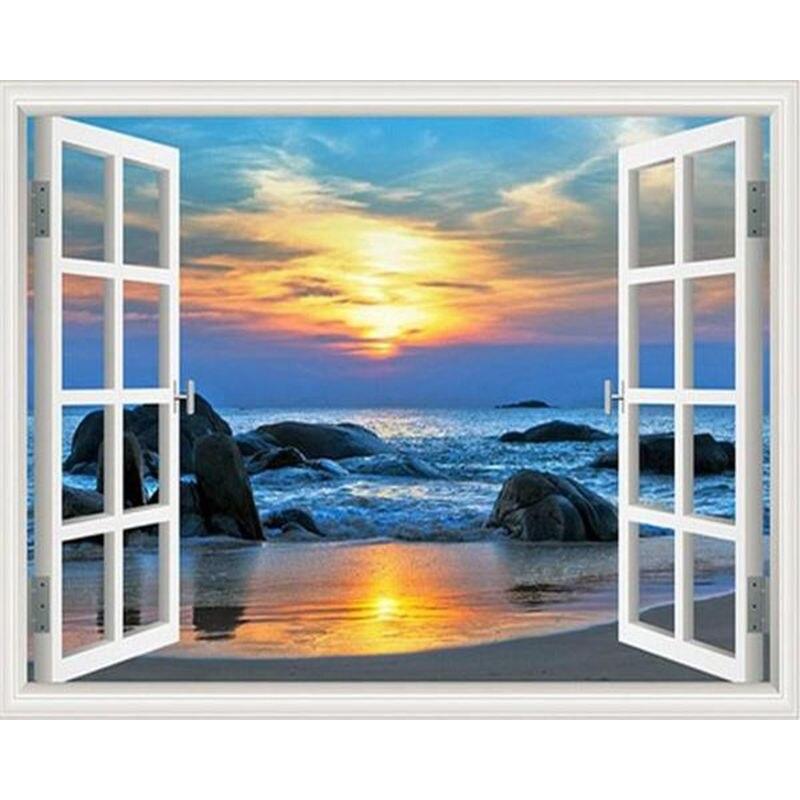 5D Full Drill Round Diamond Painting Window Seaside Landscape Embroidery Sale Rhinestones Mosaic Wall Art 40x50cm