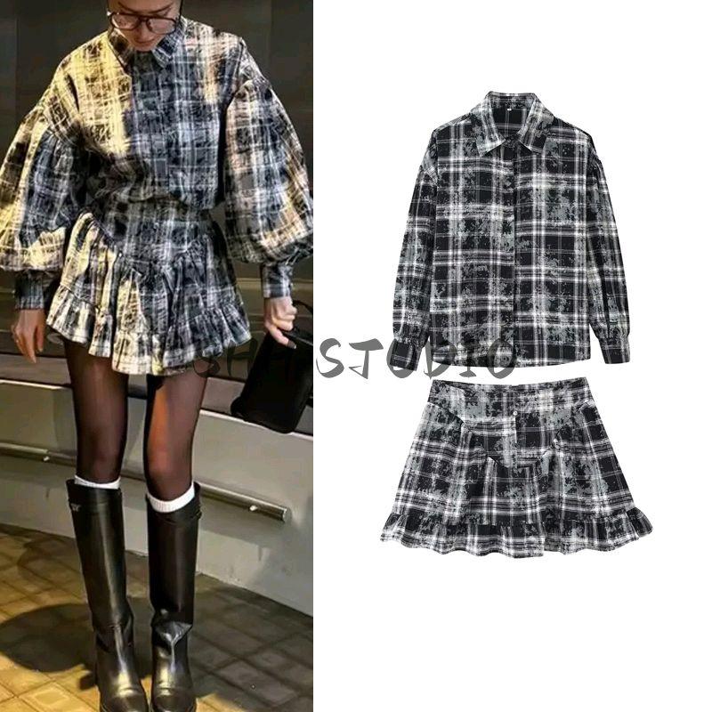 Spring and Summer New Women's Clothing Ins Style Decorated Row Button Lapel Long Sleeve Shirt Tops + Ruffles Skirt Outfit