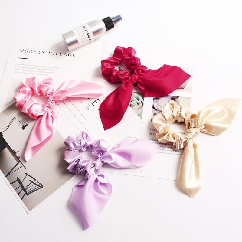 Solid Color  Satins Scrunchie With Bunnies Ears Design Soft Fabric Stretchy Hair Rope Accessories For Women Girls