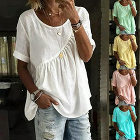 2026 Summer V-neck Drawstring Tie Short-sleeve Solid Color Women's T-shirt