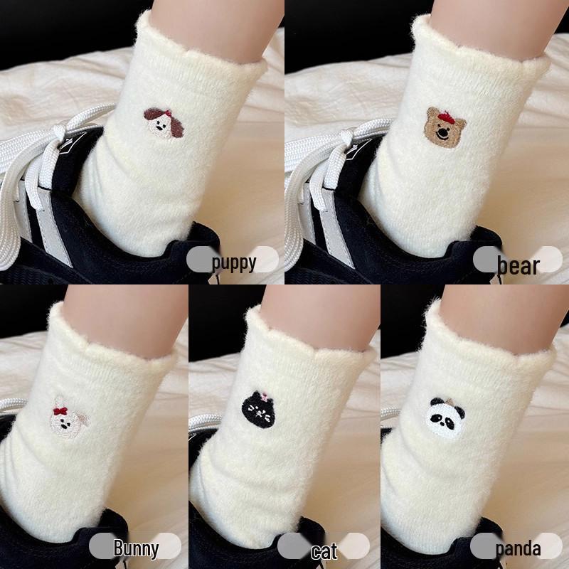 Women s White Cartoon Plush Mid-Calf Socks - Warm, Lace Trimmed Sleep & Floor Socks for Autumn/Winter Puppy