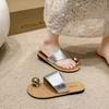 Korean fashion metal buckle cover toe slippers women's summer wear New Year's new flat-bottomed comfortable one-word with cool slippers