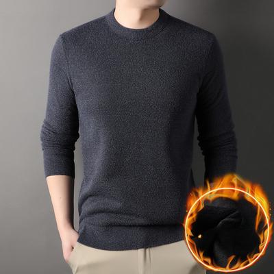 Men's Cozy Fleece-Lined Knit Sweater - Casual Crew Neck Pullover for Fall/Winter, Solid Color