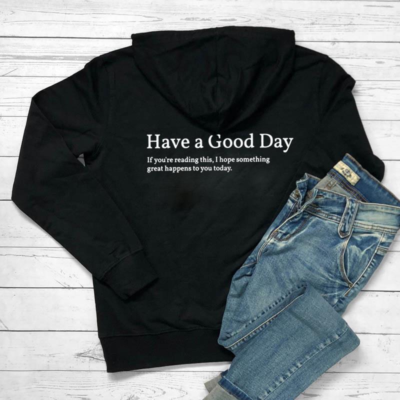 Большой весенний простой свитер с принтом «Хорошего дня» с капюшоном на спине и рукавами — фото 4