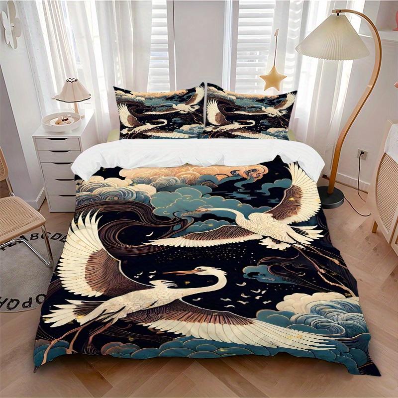 

3pcs Chinese style Cranes Clouds 1Cover + 2Pillowcases, PillowInserts NotIncluded, Machine Washable, All - Season Use, Suitable for Bedroom Guest Room 135x200cm