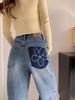 High Waist Wide Leg Jeans with Contrast Leather Patches & Floral Embroidery for Women