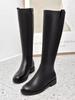 Fashion Black Leather Elegant Middle Heel Ladies Knee High Shaft Shoes Autumn Winter Fleece-Lined Round Toe New In Women's Long Boots