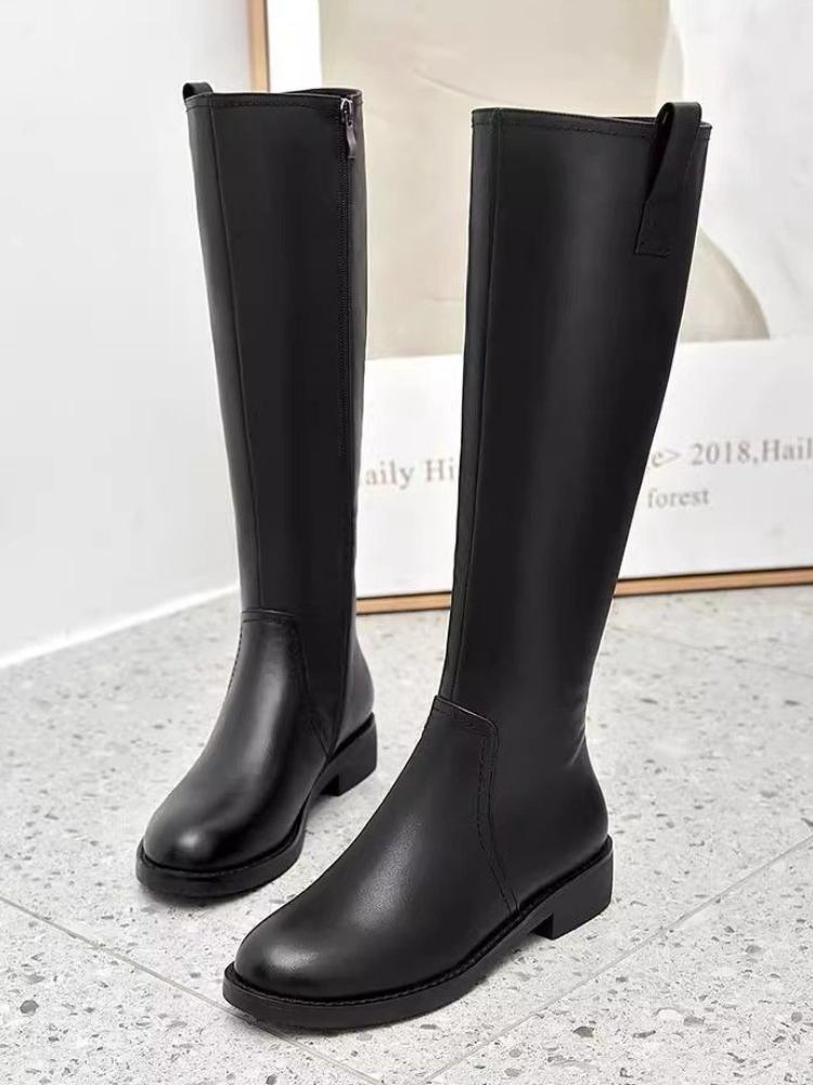 Black Leather Elegant Middle Heel Ladies Knee High Shaft Shoes Autumn Winter Fleece-Lined Round Toe New In Women'S Long Boots