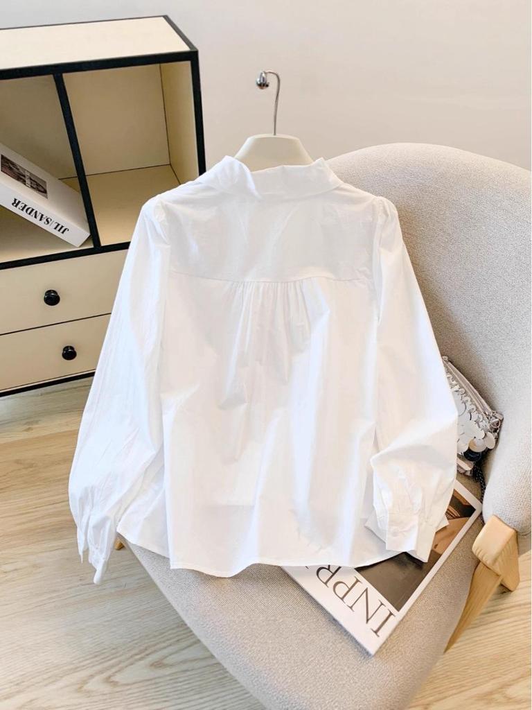 Elegant Women's Long-Sleeve French-Style White Shirt with Flowing Ribbons, 2025 Autumn Collection.