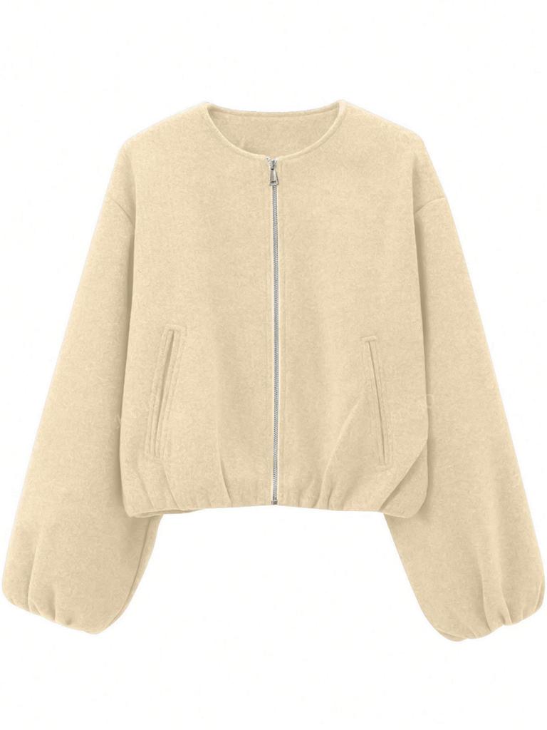 Women's Autumn/Winter Bomber Jacket - Round Neck, Drop Shoulder, Lantern Sleeve, Street Style Zip Cardigan